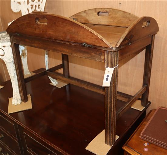 A George III mahogany Butlers tray, on later stand W.72cm